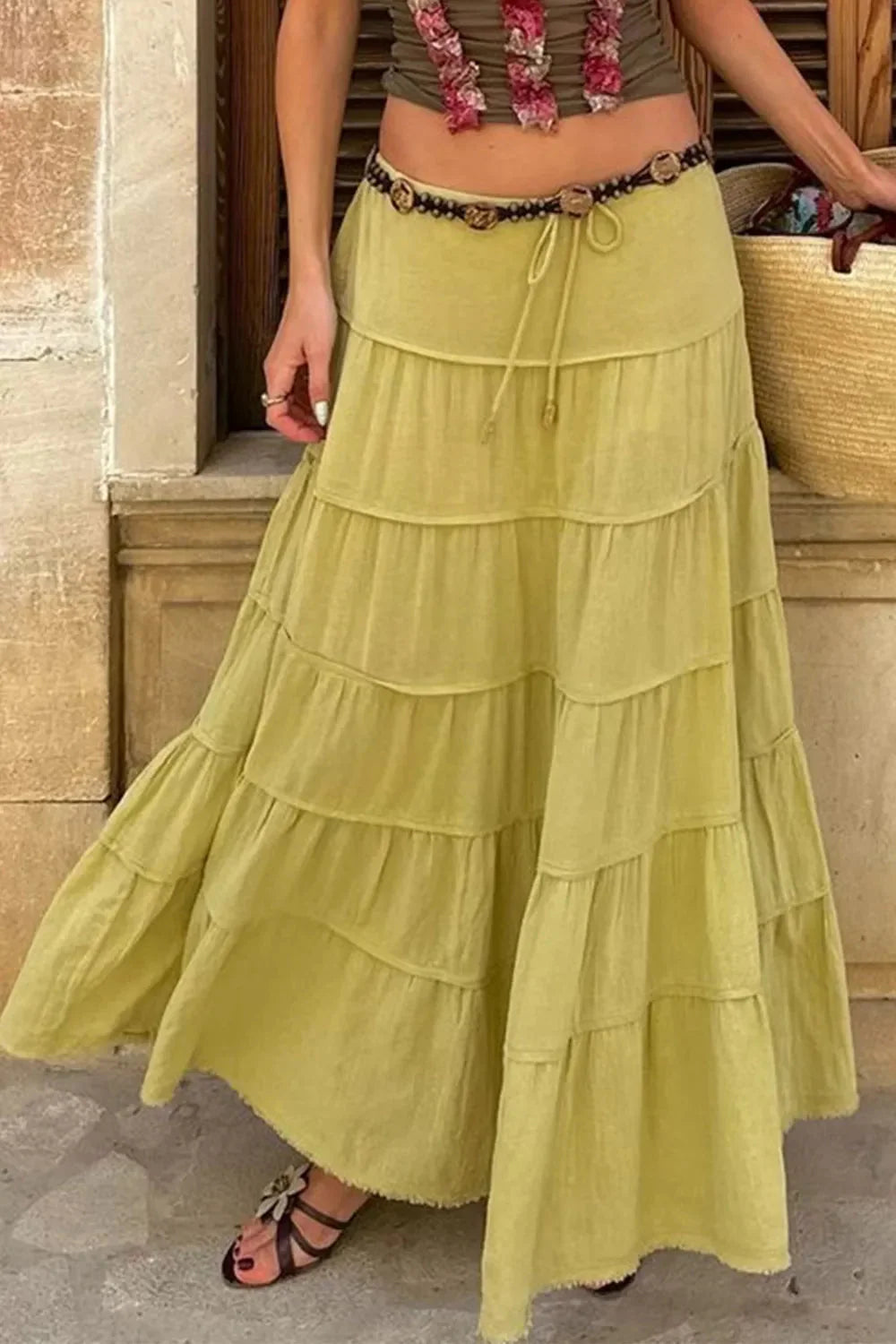 Boho Tiered Maxi Skirt with Drawstring Waist