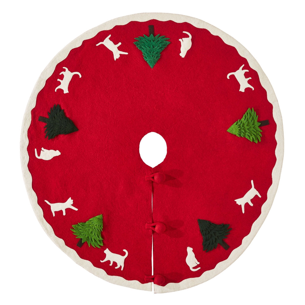 Cats and Green Trees Hand-Felted Christmas Tree Skirt - 60" Arcadia Home
