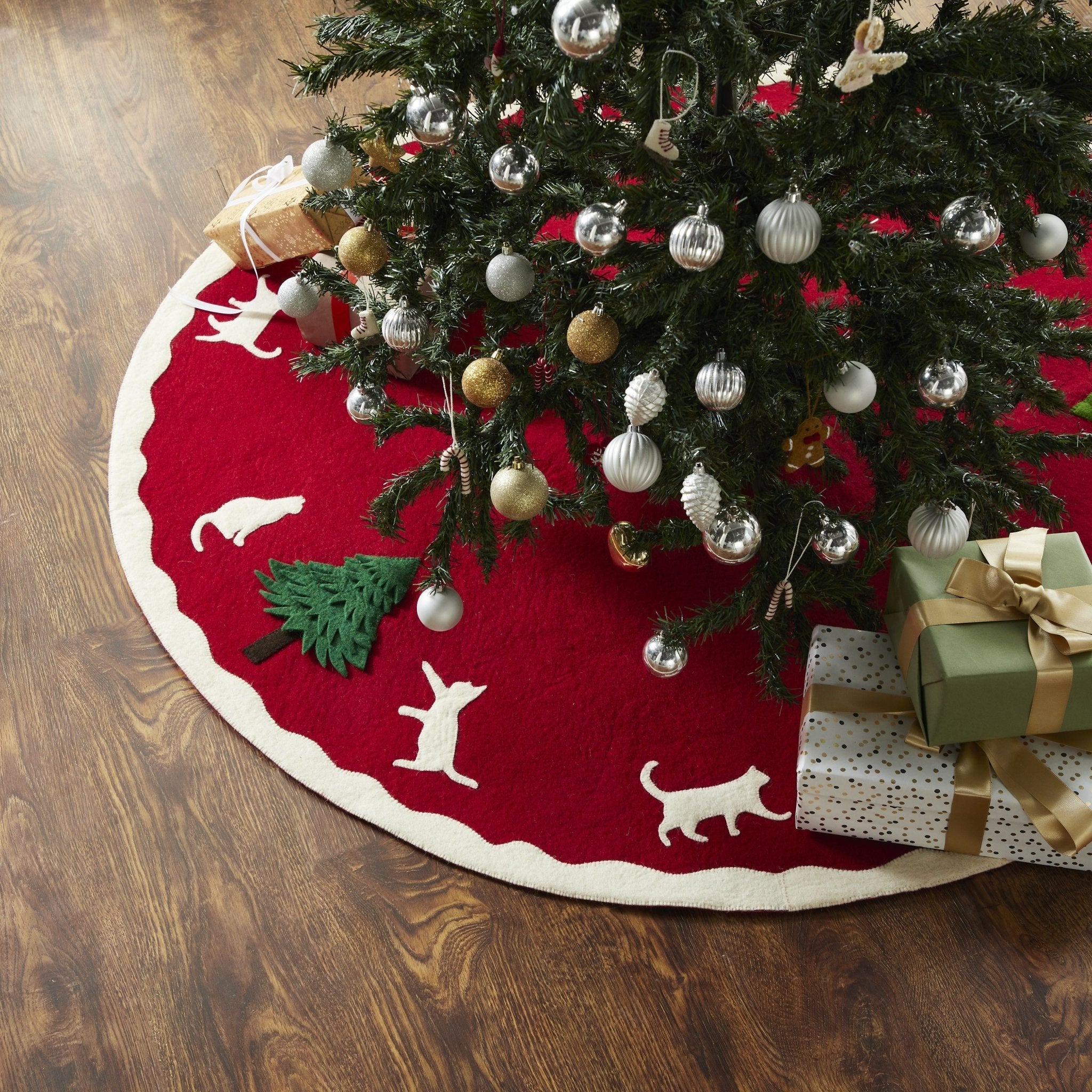Cats and Green Trees Hand-Felted Christmas Tree Skirt - 60" Arcadia Home
