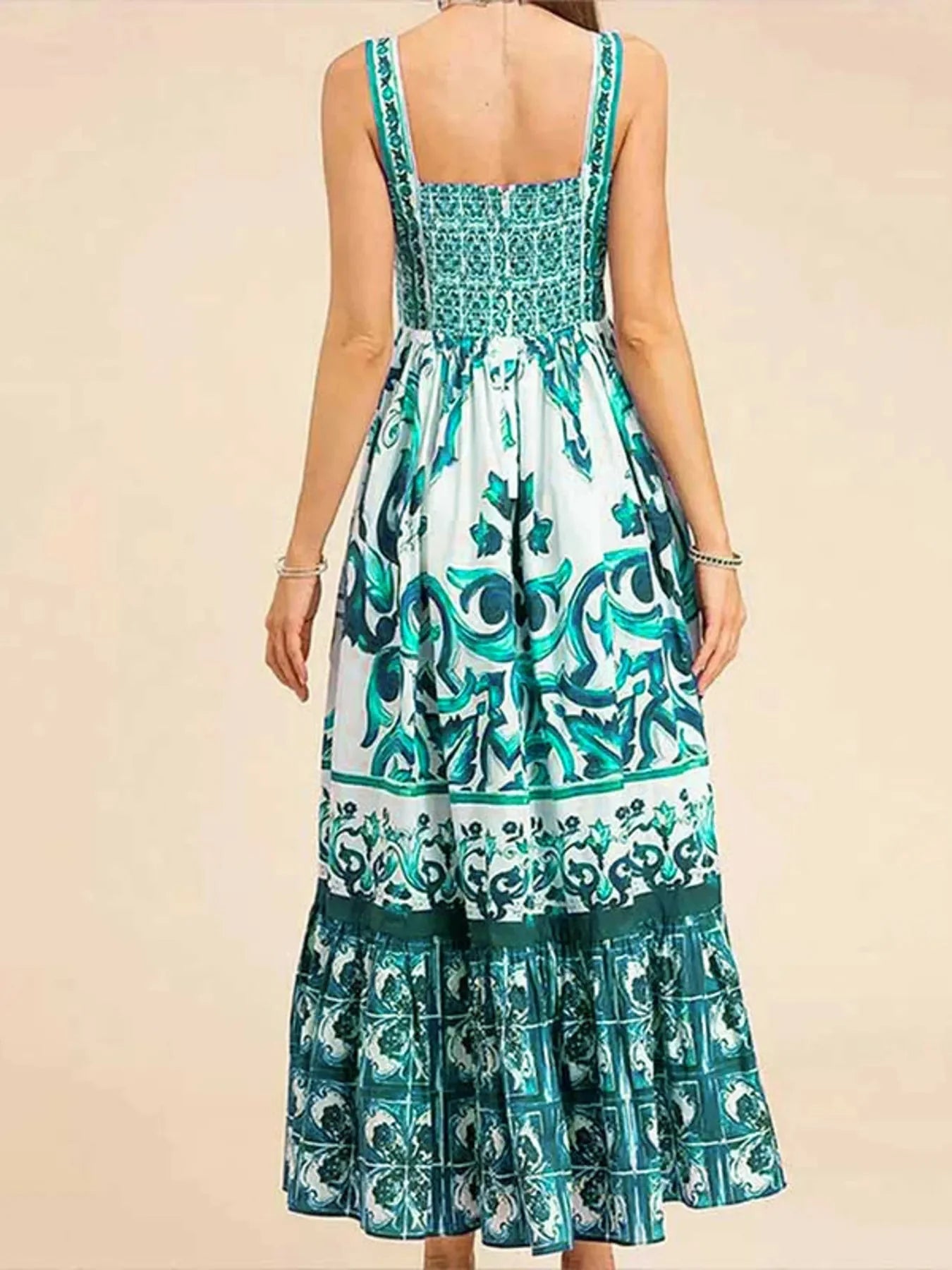 Full Size Boho Printed Sweetheart Neck Maxi Cami Dress
