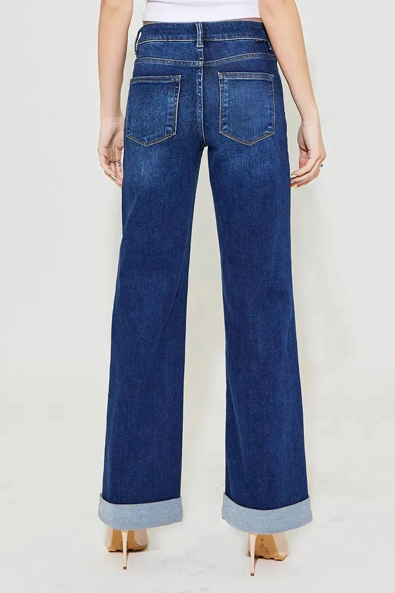 Full Size Tummy Control High Rise Wide Leg Cuffed RISEN Jeans