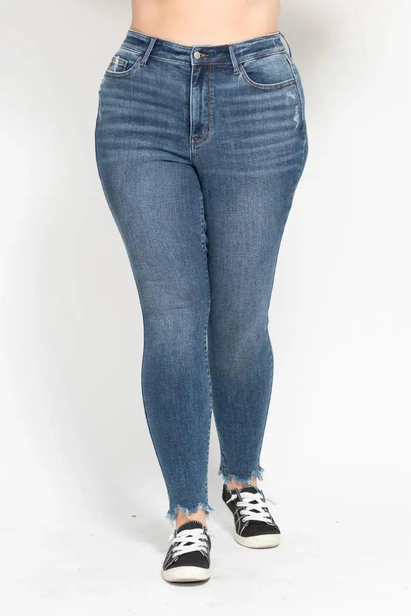 Plus Size High Waist Skinny Judy Blue Jeans with Destroy & Shark Bit Hem