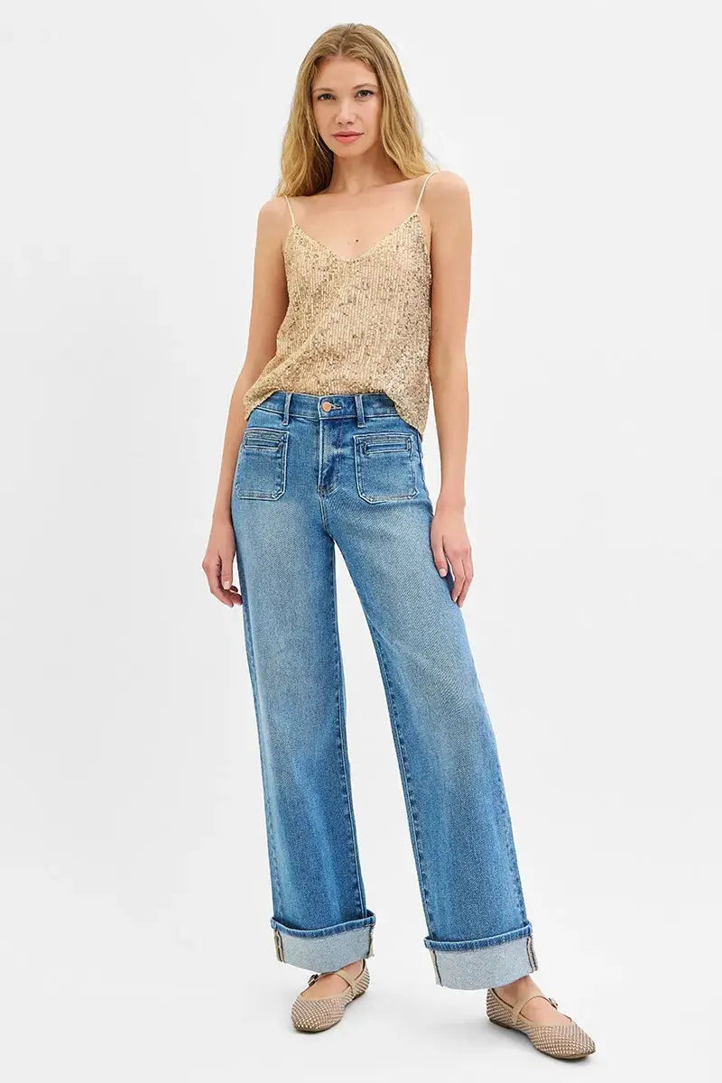 Full Size Elastic Band Mid Rise Wide Front Patch Pocket Cuff RISEN Jeans