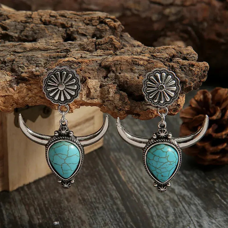 Western Cow Head Turquoise Statement Earrings