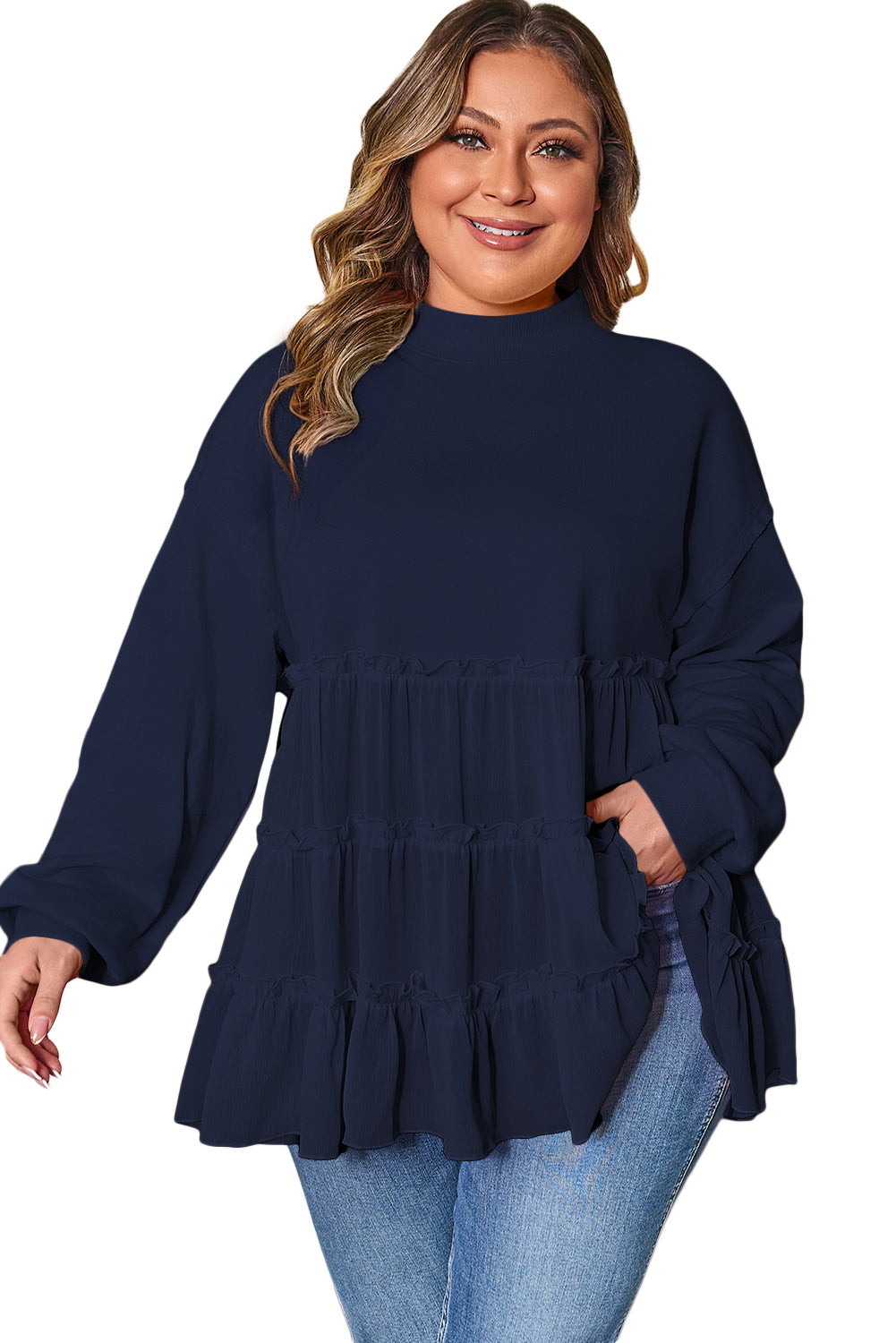 Plus Size Solid Ruffle Tiered Ribbed Crewneck Top