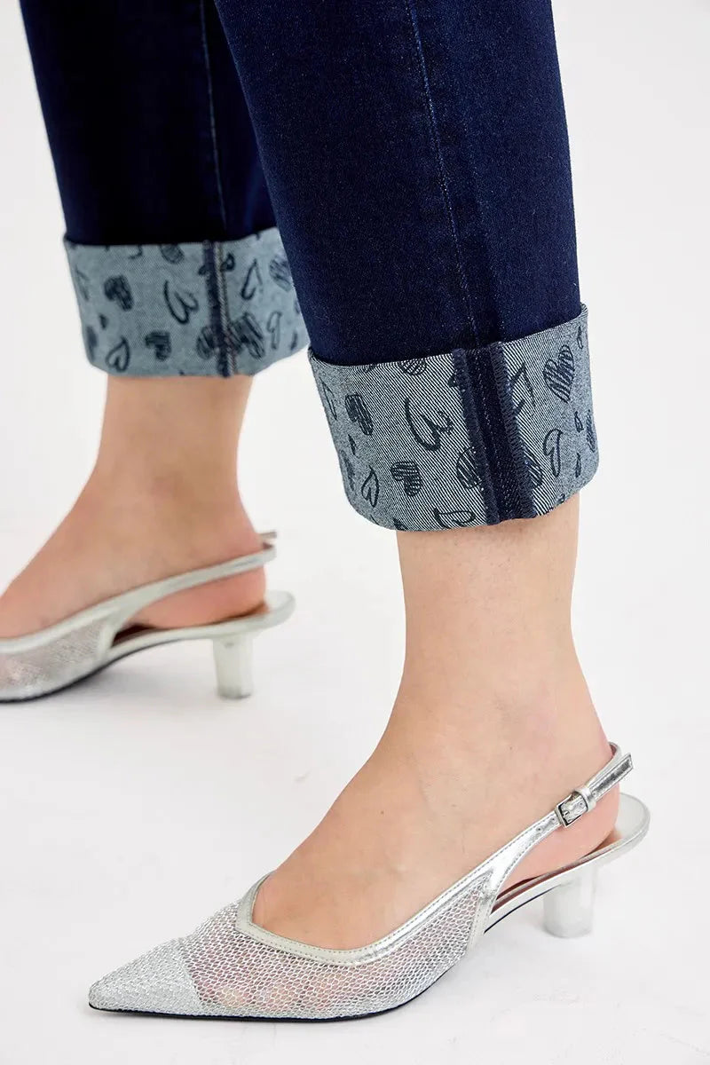 RISEN Jeans - Full Size Mid Rise Fit Crop Wide Leg with Printed Cuff