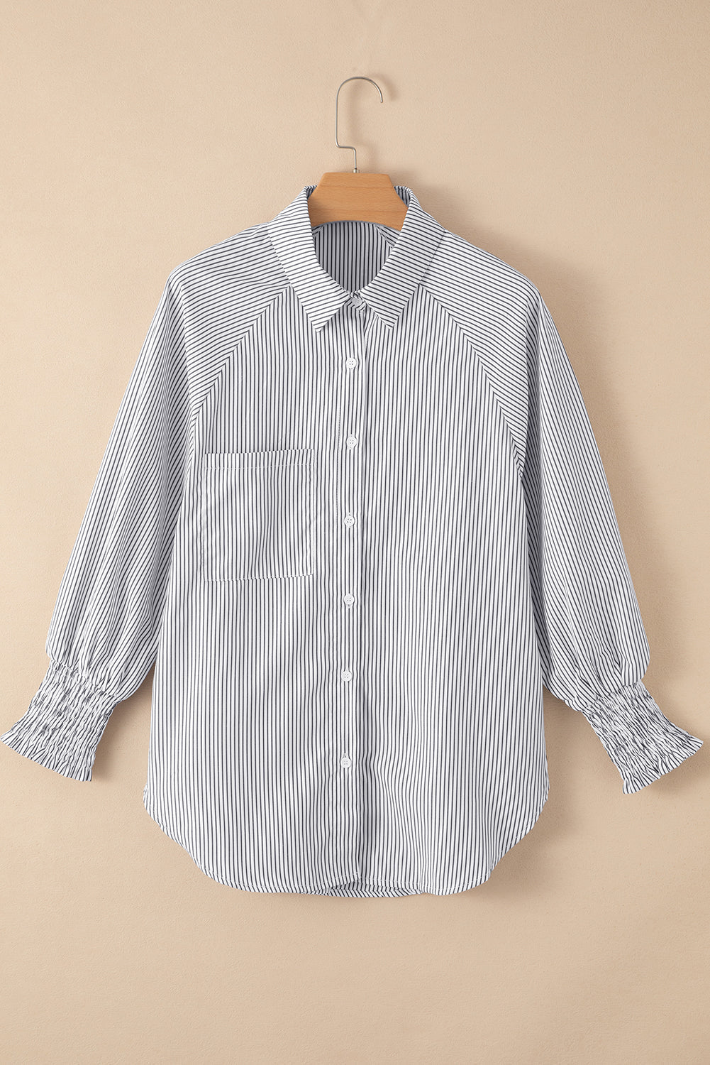 Stripe Smocked Long Sleeve Button-Up Shirt