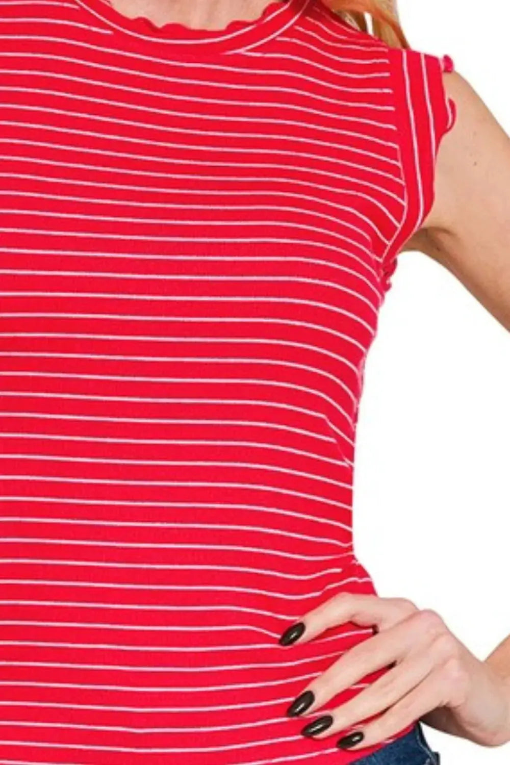 Zenana Ruby Ribbed Ruffle Trim Striped Sleeveless Tank Top for Women