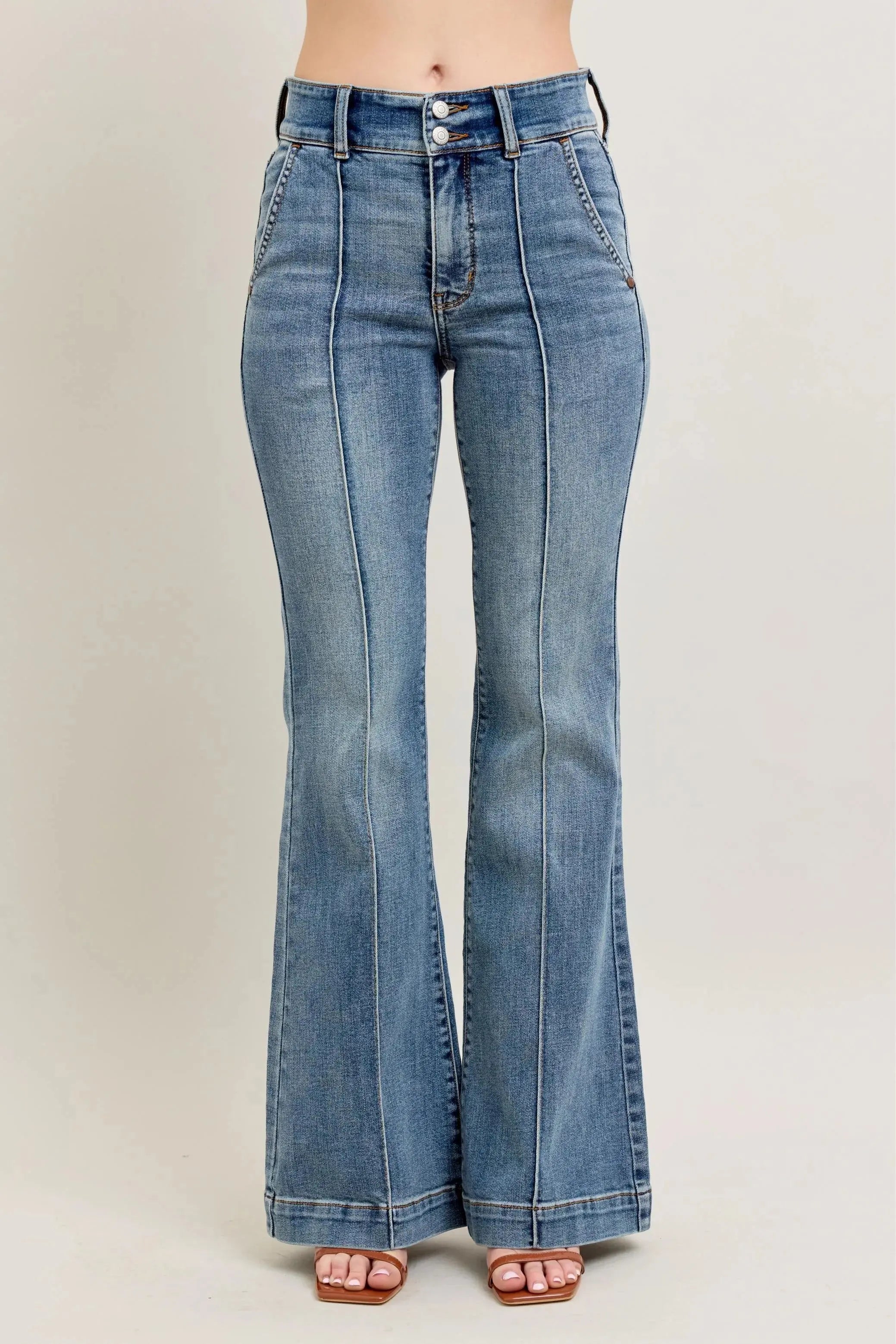 Plus Size High-Waist Flare Denim Judy Blue Jeans with Front Seam Detail