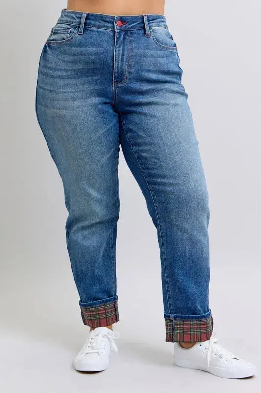 Plaid Cuff Boyfriend Judy Blue Jeans – Mid Rise Straight Leg