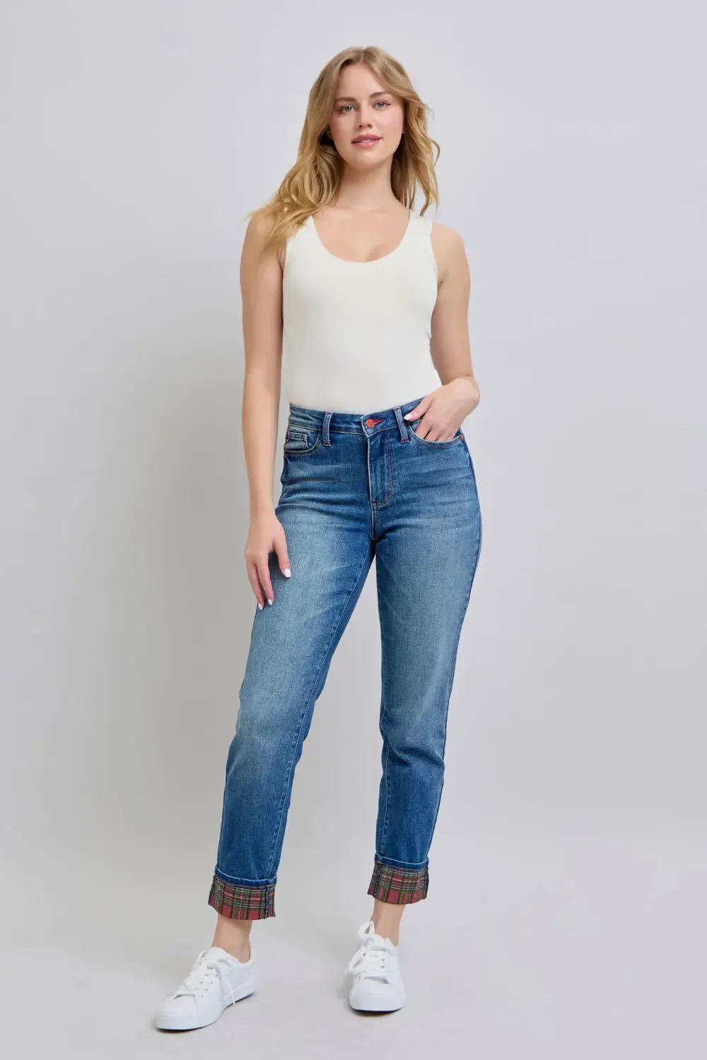 Full/Plus Size Plaid Print Cuff Straight Leg Judy Blue Jeans with Pockets