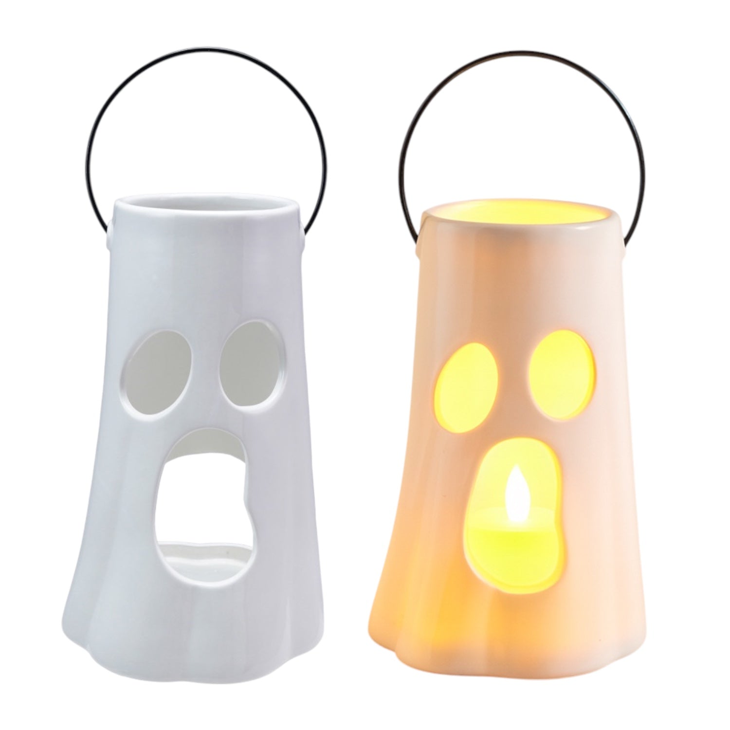 Ceramic Ghost Face Lantern with Metal Handle