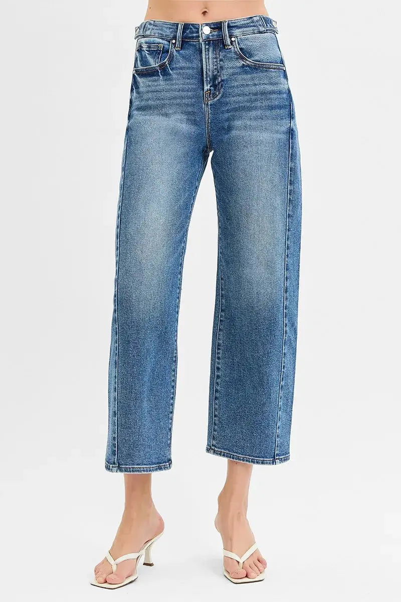 High Rise Crop Length Barrel Adjustable Waist Band RISEN Jeans
