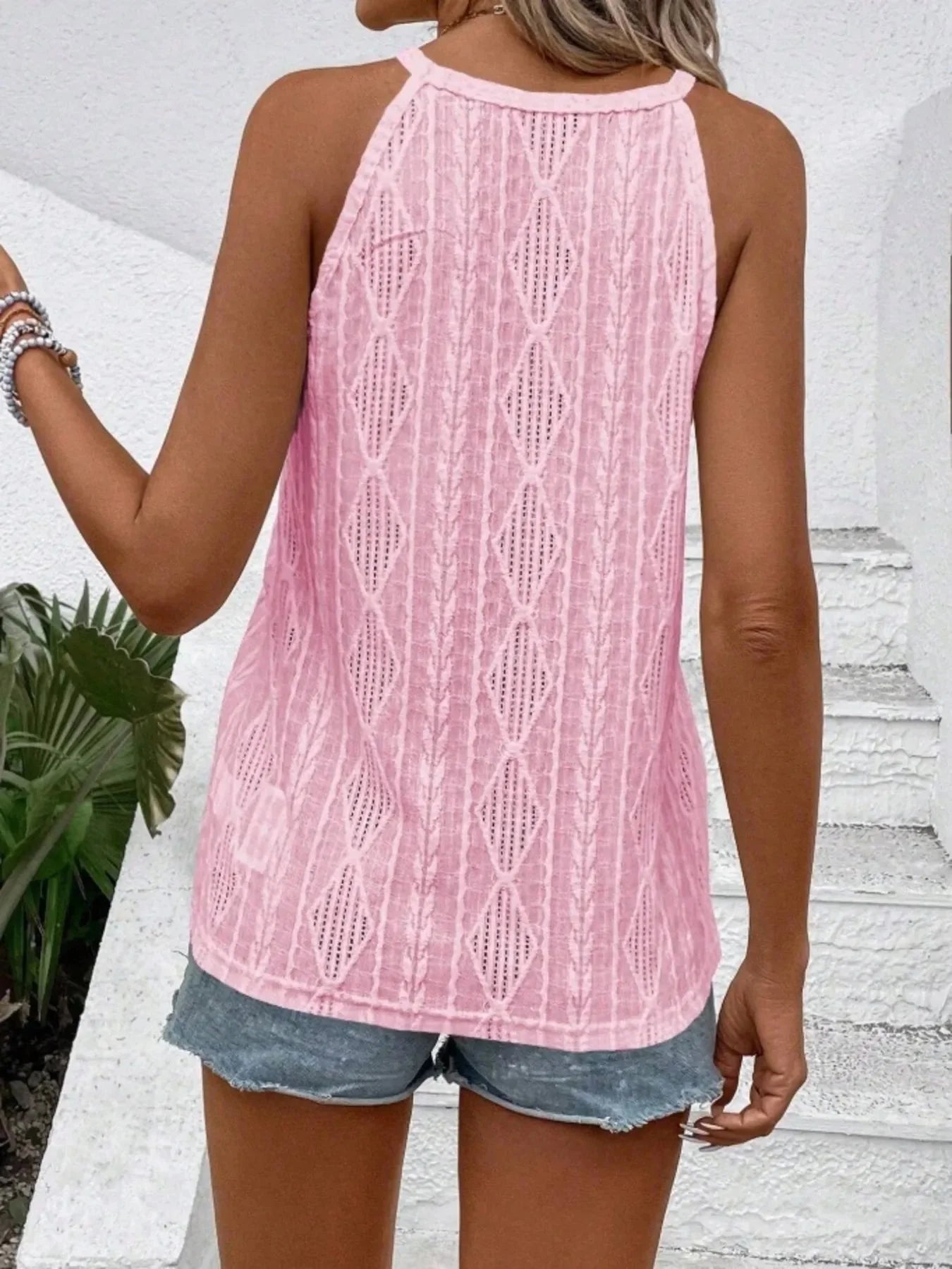 Round Neck Eyelet Textured Tank Top