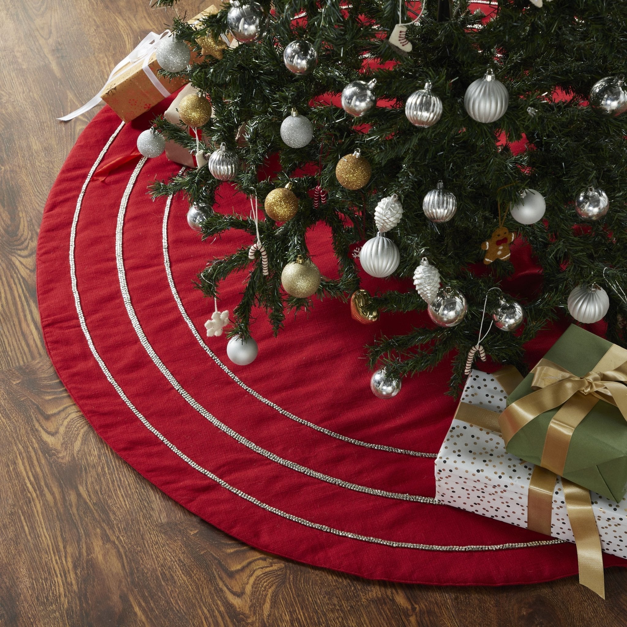 Handmade Concentric Nailhead Circles Red Linen Christmas Tree Skirt 60" Arcadia Home
