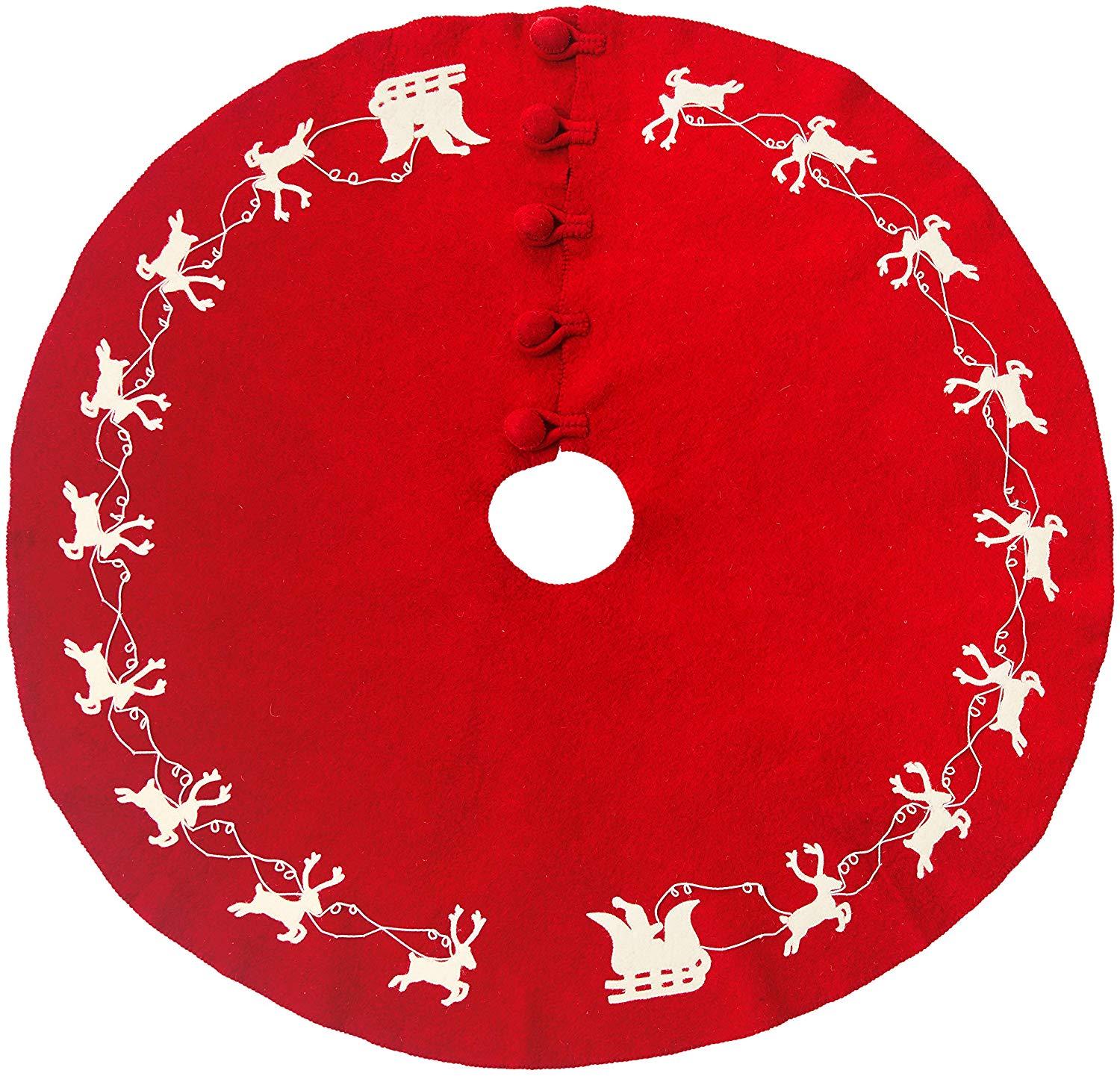 Cream Reindeer Red Christmas Tree Skirt Hand Felted Wool - 60"/72" Arcadia Home