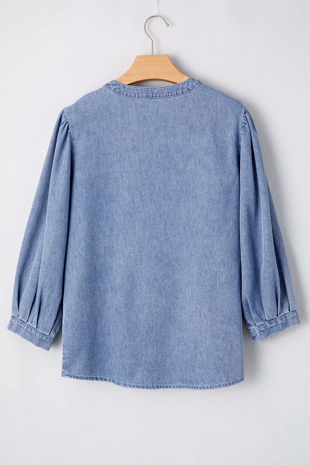 Solid Denim Pleated Bow Tie Puff Sleeve Top