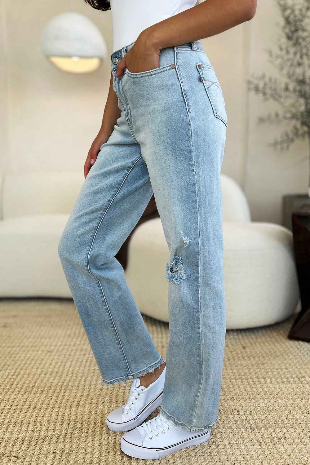 Judy Blue High Waist Distressed Jeans - Women's Jeans Full Size Straight Denim