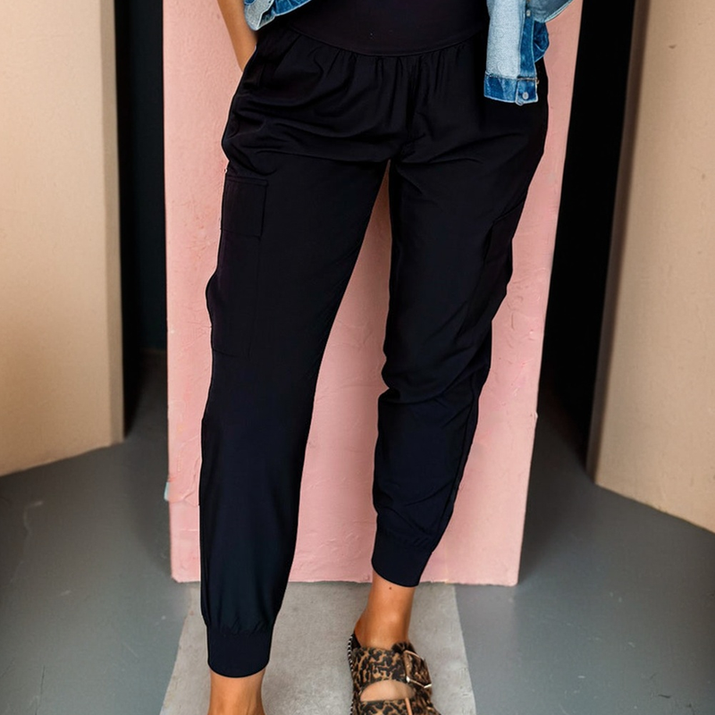 Solid Elastic High Waist Pocketed Cargo Jogger Pants