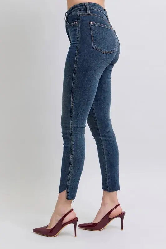 Full Size High Waist Tummy Control Step Hem Skinny Judy Blue Jeans