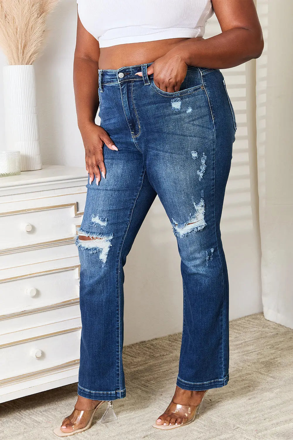 Full Size Mid Rise Hand Sand & Destroy Bootcut Judy Blue Jeans