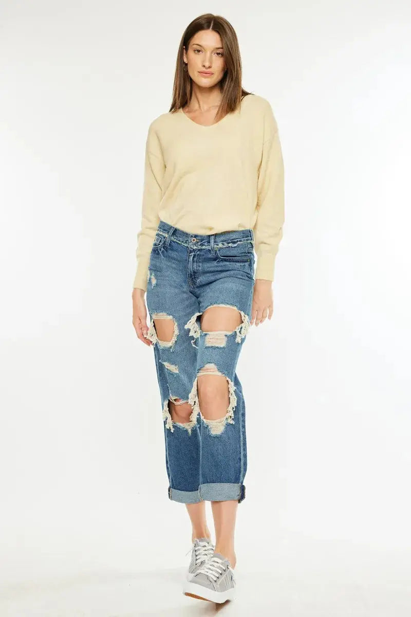 Distressed Mid Rise True Kancan Boyfriend Jeans