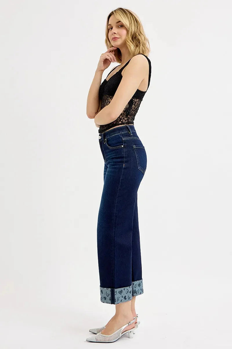 RISEN Jeans - Full Size Mid Rise Fit Crop Wide Leg with Printed Cuff