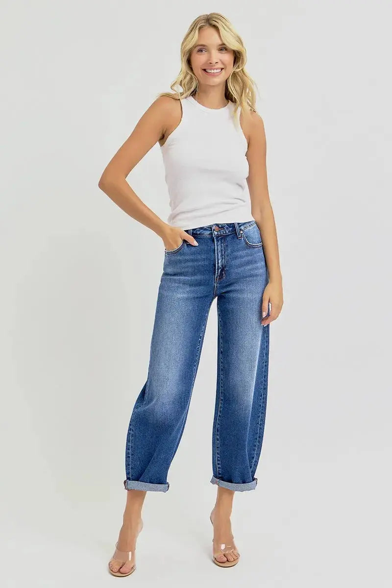 RISEN Jeans - Full/Plus Size High Rise Crop Mild Barrel Jeans