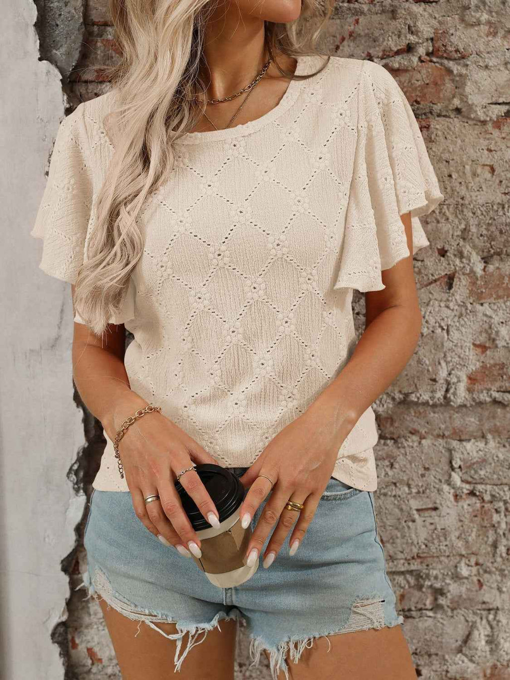 Eyelet Flutter Sleeve Top - Round Neck & Stylish Women's Top