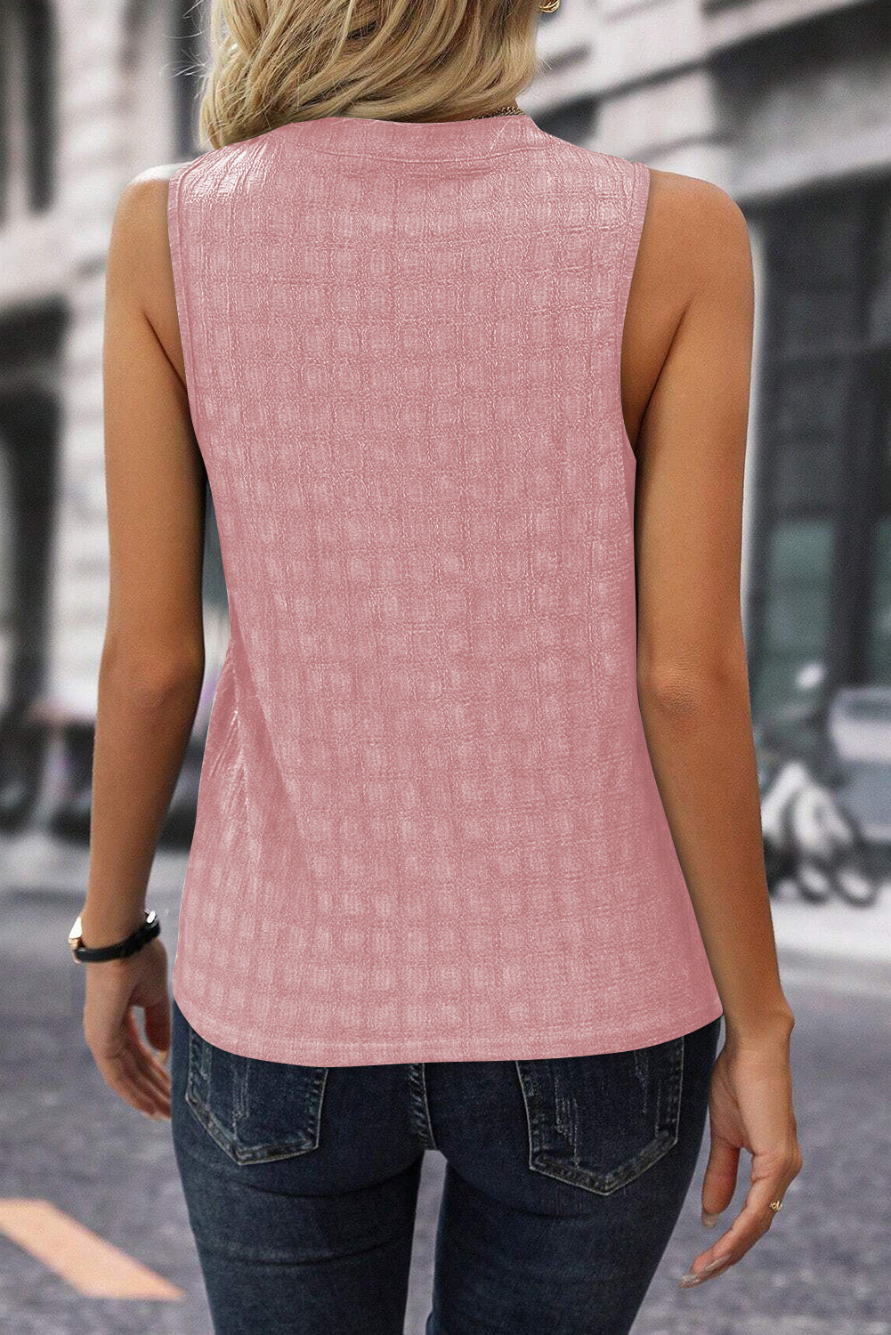 Sea Green Sleeveless Top - Textured Split V Neck Women's Shirt
