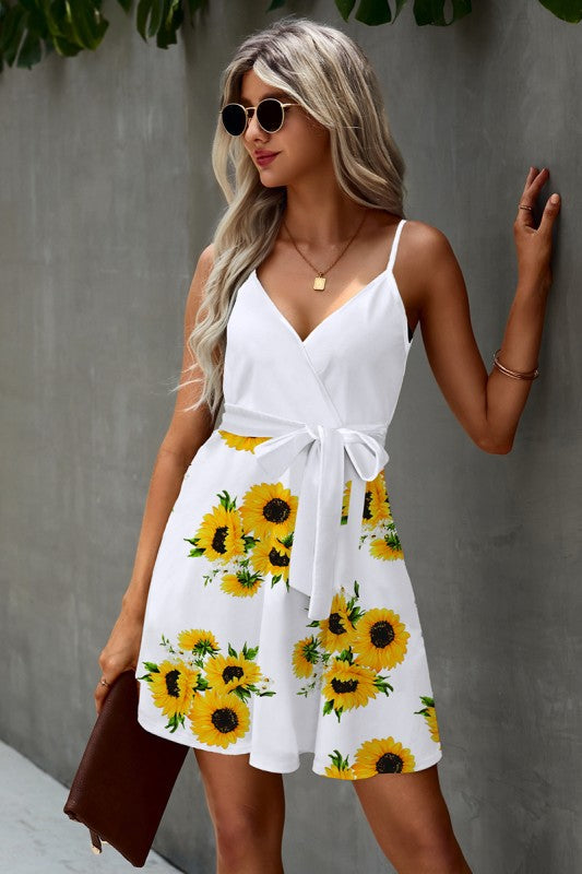 Floral V Neck Spaghetti Strap Belted Cami Dress