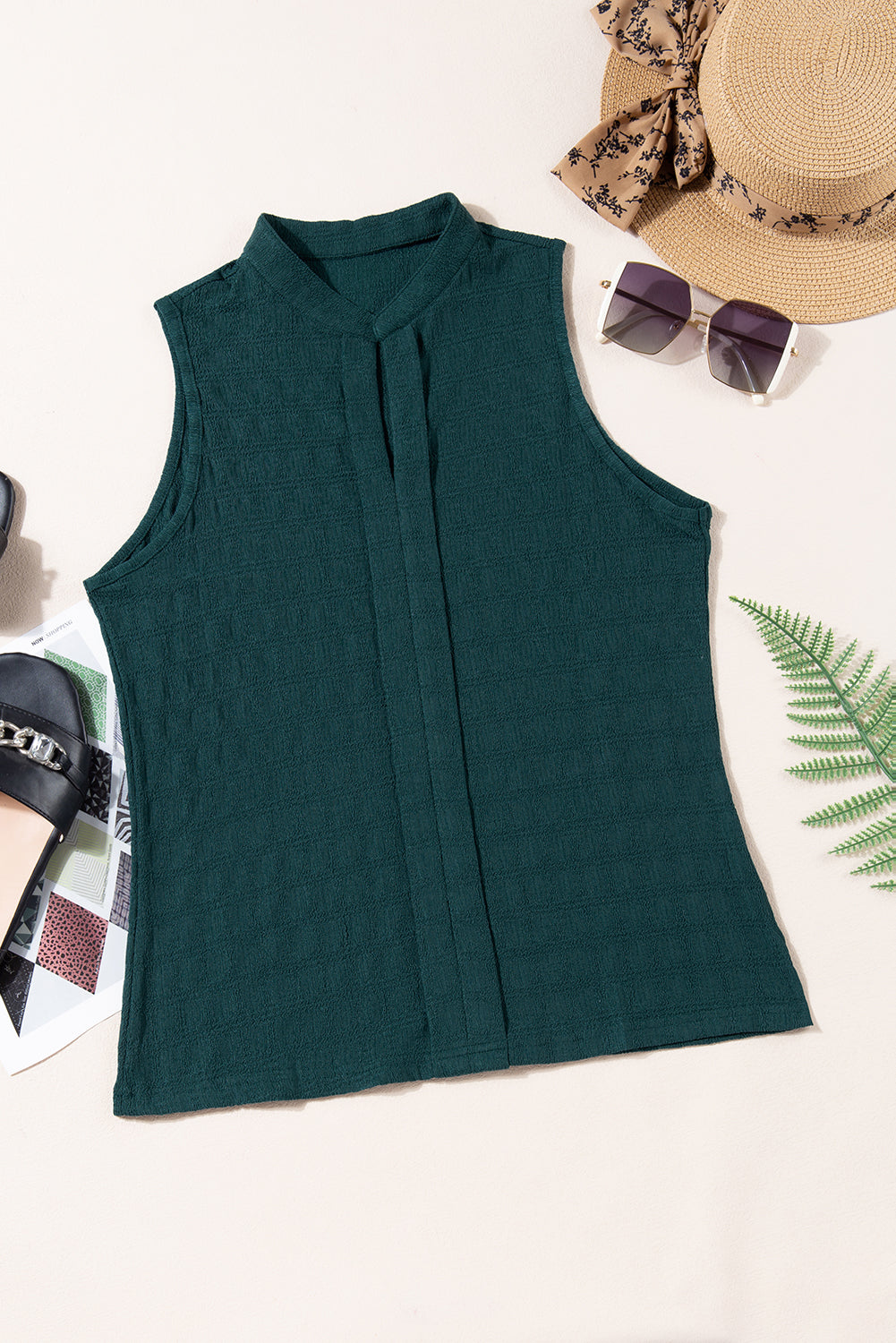 Sea Green Sleeveless Top - Textured Split V Neck Women's Shirt