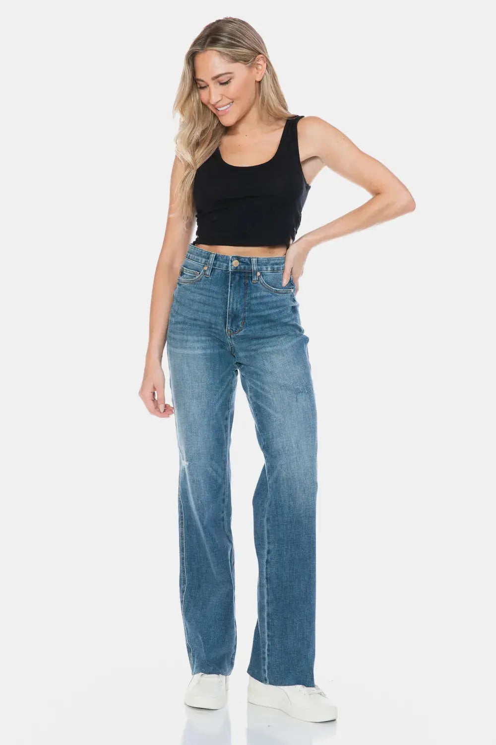 Full Size/Plus Size Tummy Control Cut Raw Hem Straight Judy Blue Jeans