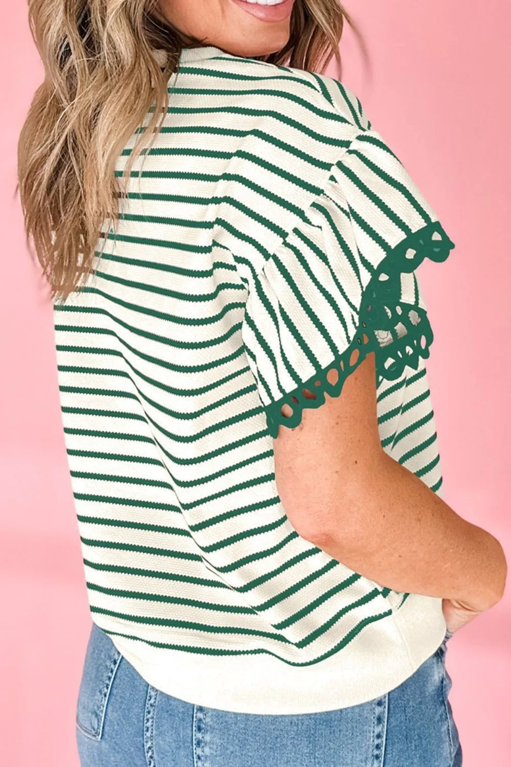 Striped Ruffle Sleeve Blouse with Round Neck