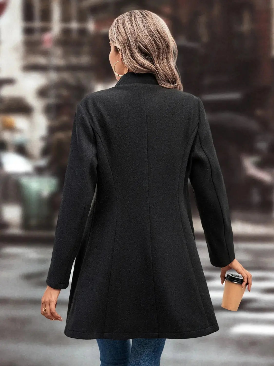 Collared Neck Long Sleeve Womens Longline Coat