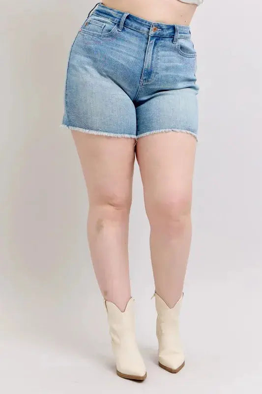 Judy Blue Jeans - Plus Size High Waist Western Embroidery Detail Cut Off Denim Shorts