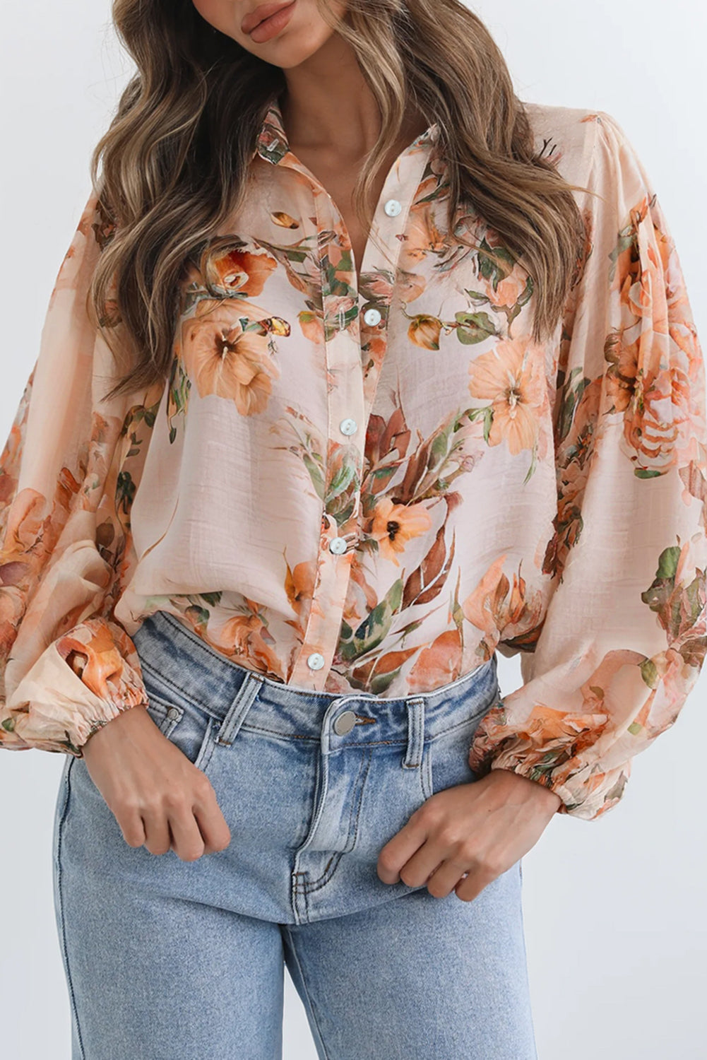 Orange Floral Puff Sleeve Polyester Lightweight Shirt