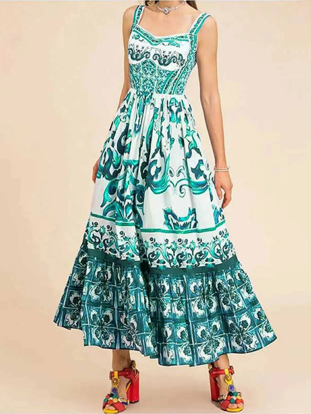 Full Size Boho Printed Sweetheart Neck Maxi Cami Dress