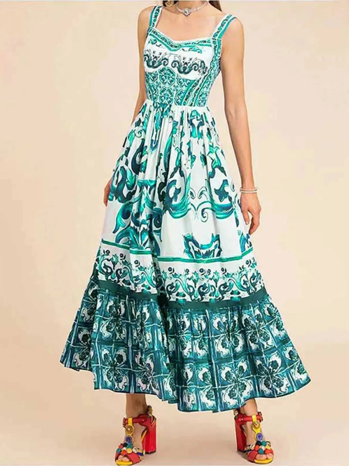 Full Size Boho Printed Sweetheart Neck Maxi Cami Dress