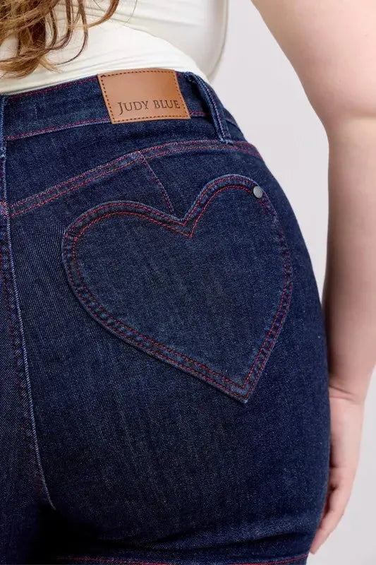 Judy Blue Jeans - Plus Size High Waist Heart Shaped Pockets Denim Shorts with Red Contrast Thread