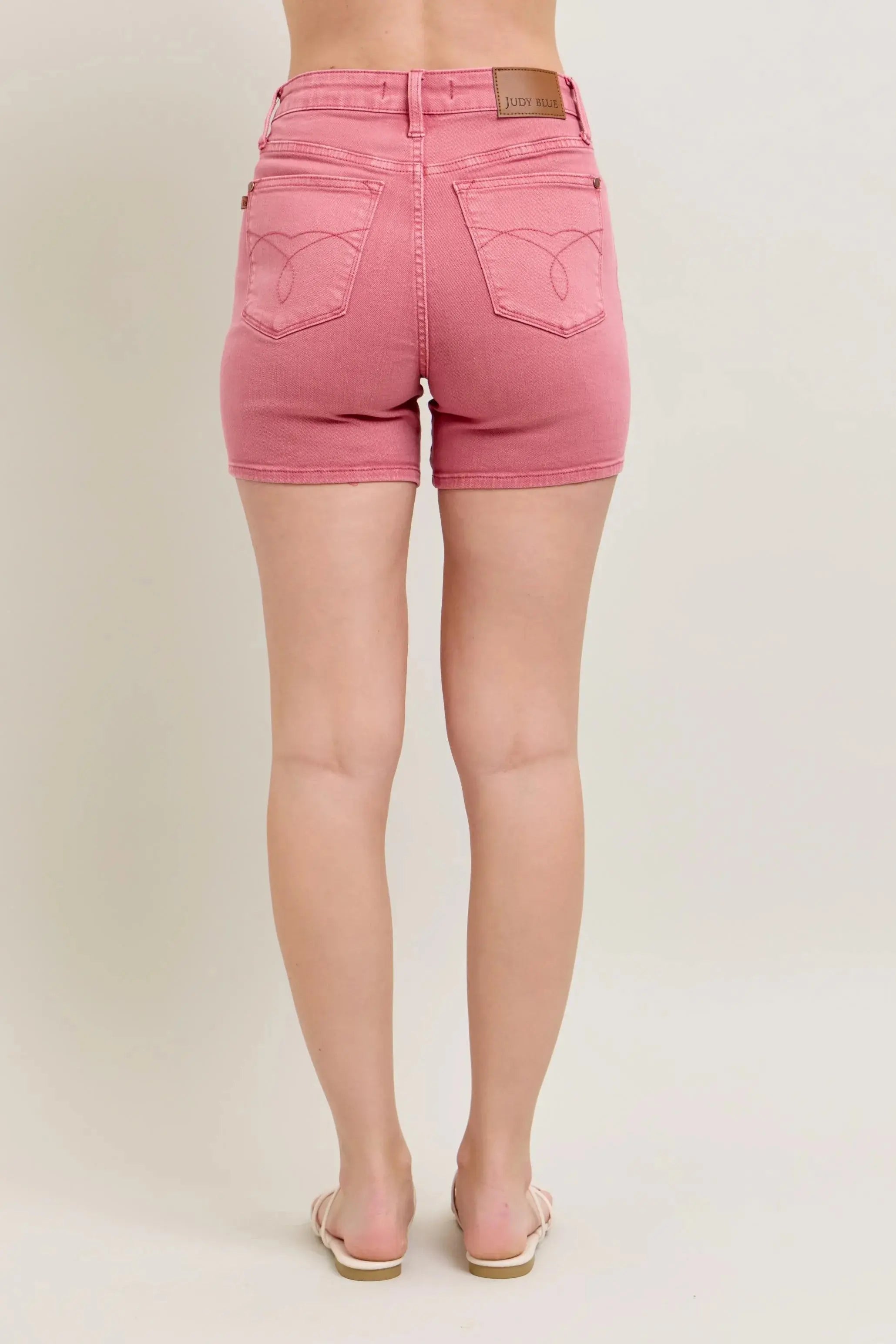 High Waist Pink Embroidered Pocket Denim Shorts by Judy Blue Jeans