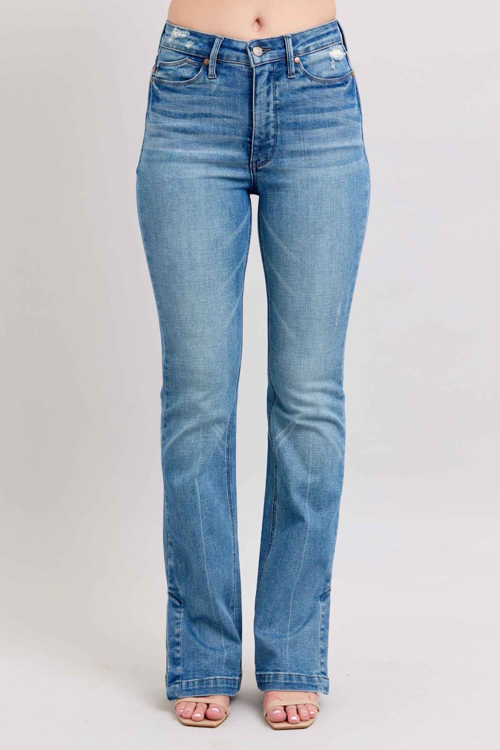 Judy Blue Tummy Control Bootcut Jeans with Vintage Wash and Side Slit Women's Jeans
