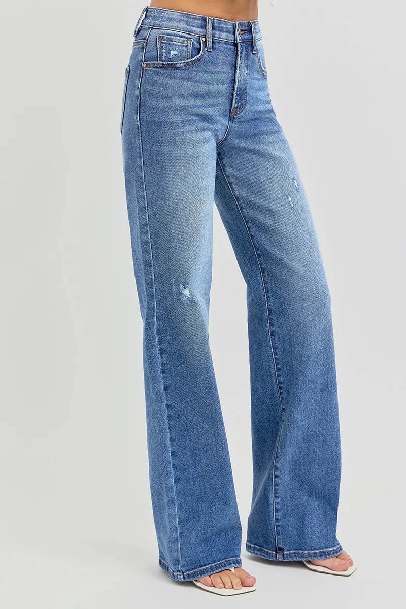 Full Size Tummy Control Elastic Band High Rise Wide RISEN Jeans