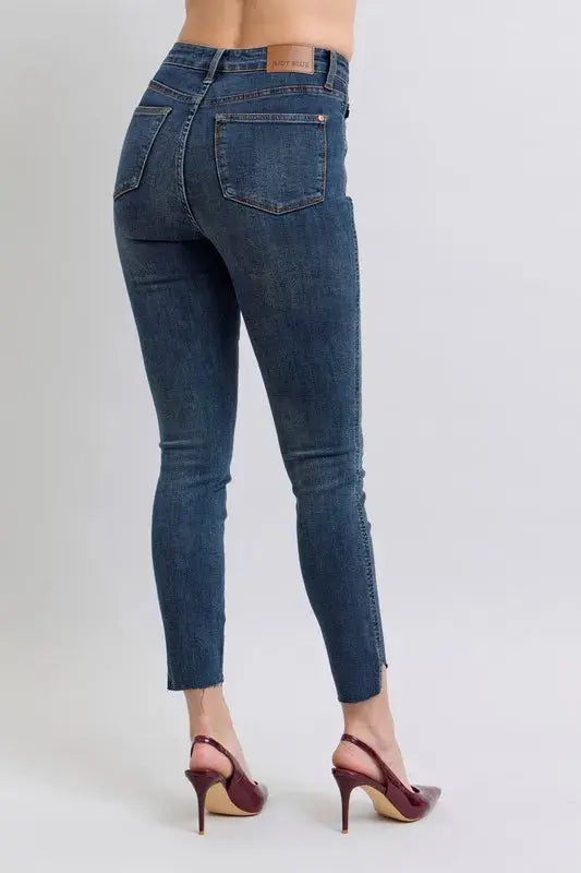 Full Size High Waist Tummy Control Step Hem Skinny Judy Blue Jeans