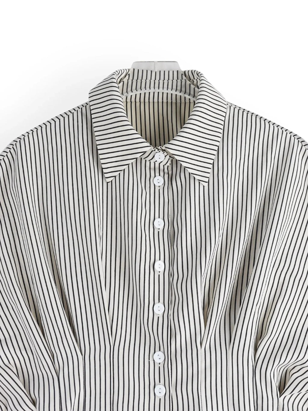 Pinstripe Puff Sleeve Cinched Waist Button Up Shirt