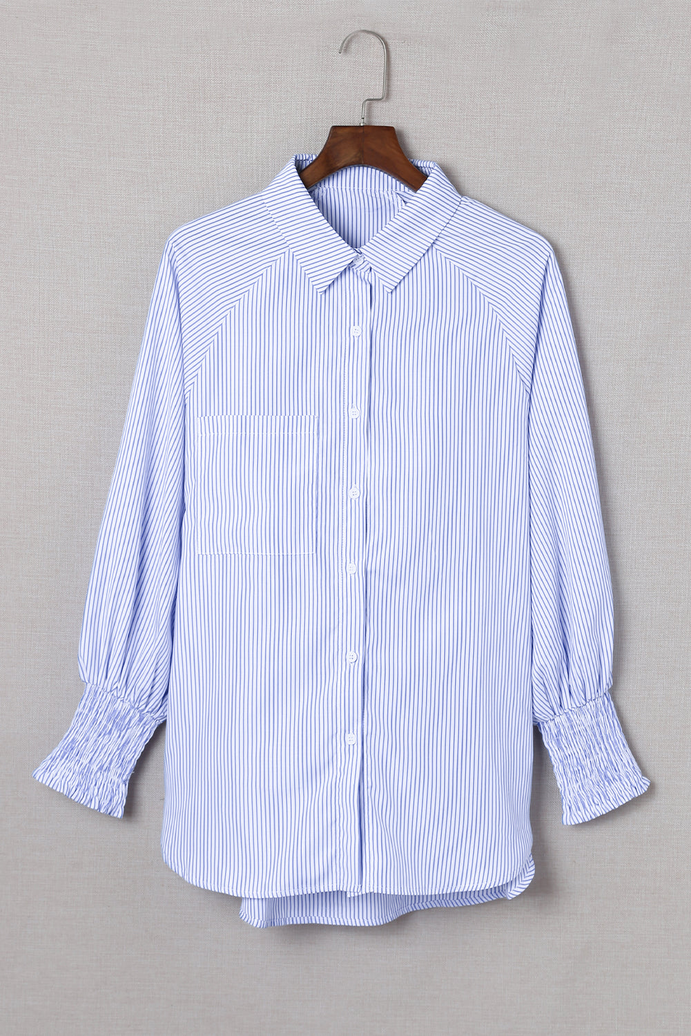 Stripe Smocked Long Sleeve Button-Up Shirt
