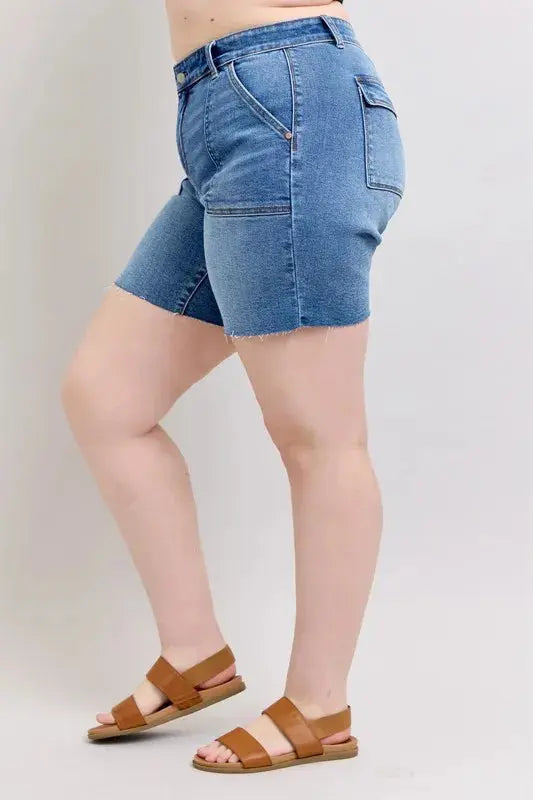 Judy Blue Jeans - Full Size Mid Rise Bermuda Denim Shorts w/ Back Flap Pockets
