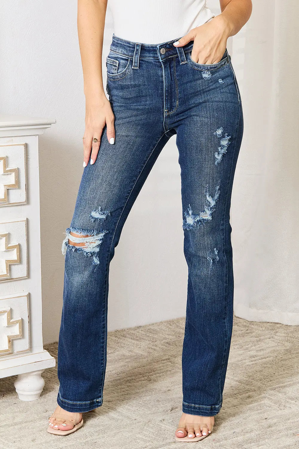 Full Size Mid Rise Hand Sand & Destroy Bootcut Judy Blue Jeans