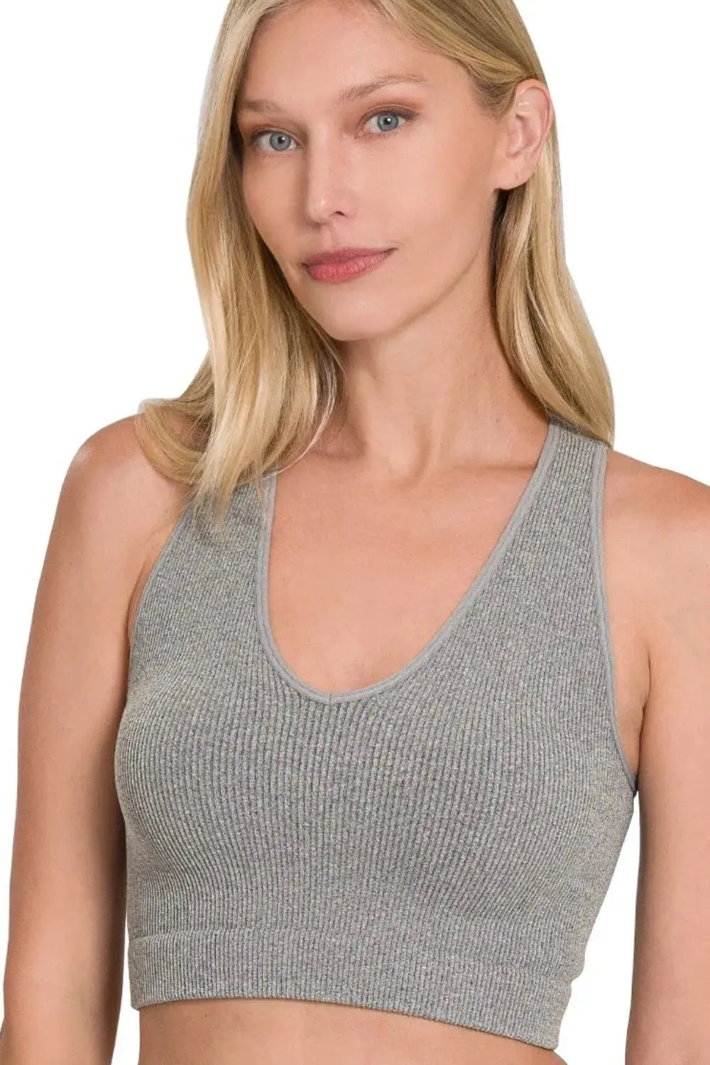 Zenana Gray Seamless Ribbed Cropped Racerback Tank Top