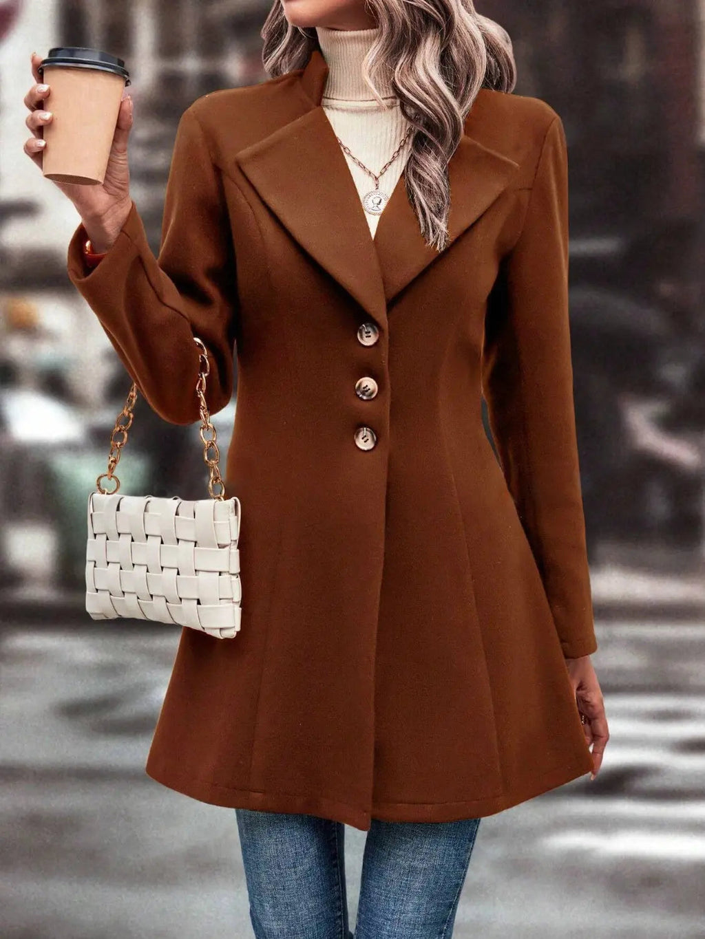 Collared Neck Long Sleeve Womens Longline Coat